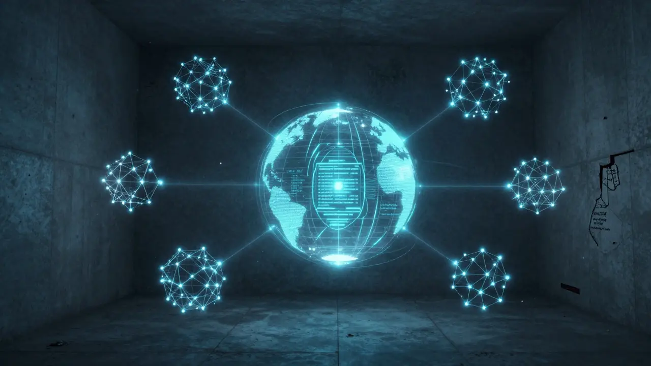 Symbolische Darstellung eines zentralen digitalen Systems im Vergleich zu fragmentierten Clustern.