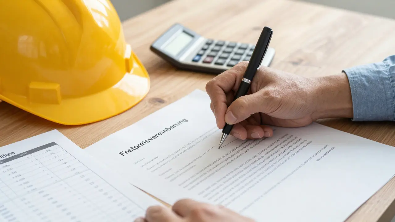Unterzeichnung eines Festpreisvertrags für Bauarbeiten auf einem Tisch