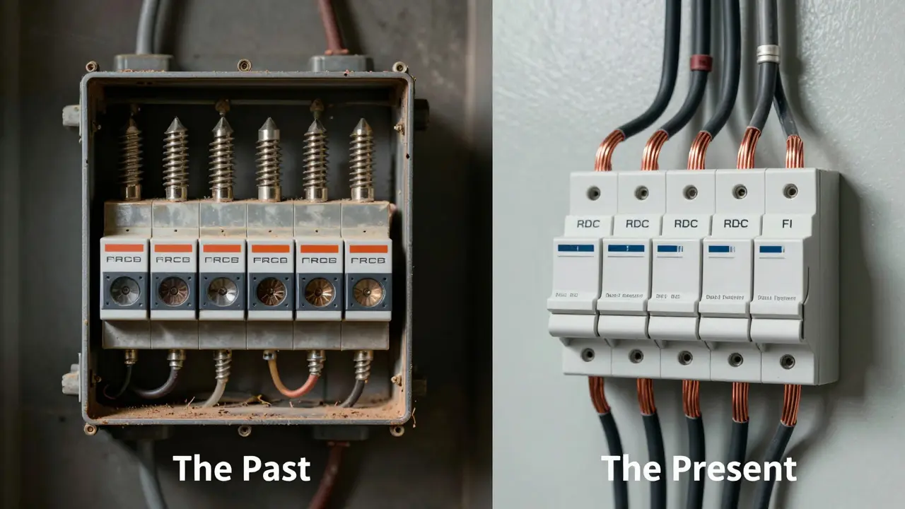 Vergleich zwischen einem alten Schraubsicherungskasten und einem modernen FI-Schalter