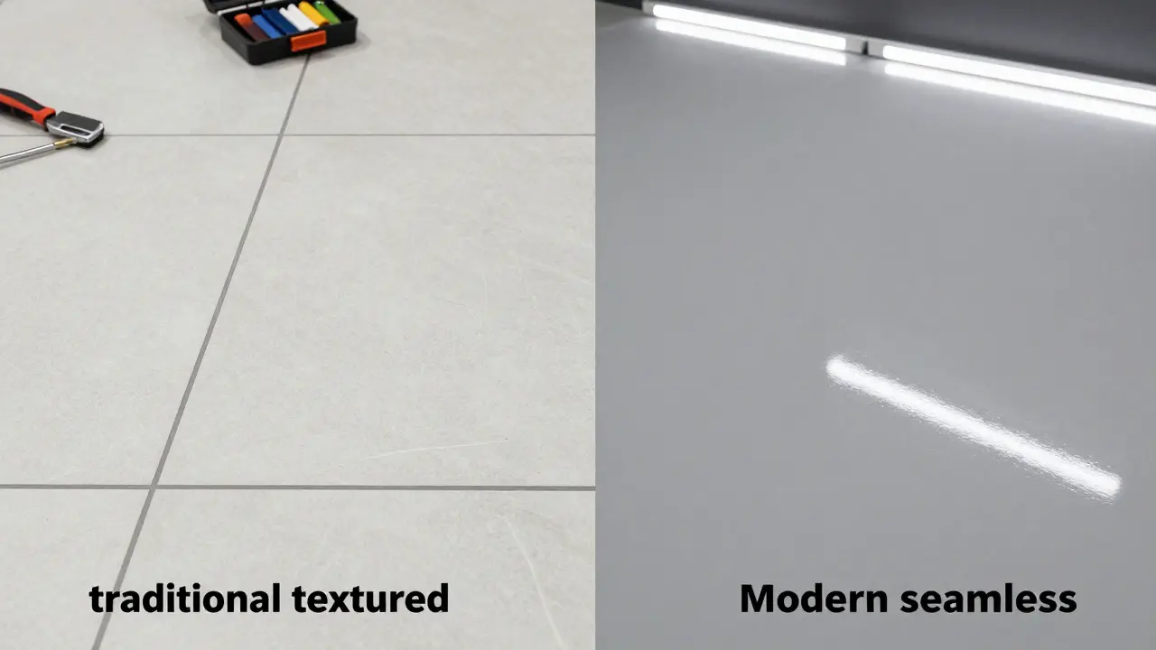 Vergleich zwischen klassischen Kellerfliesen mit Fugen und nahtlosem Epoxidharz