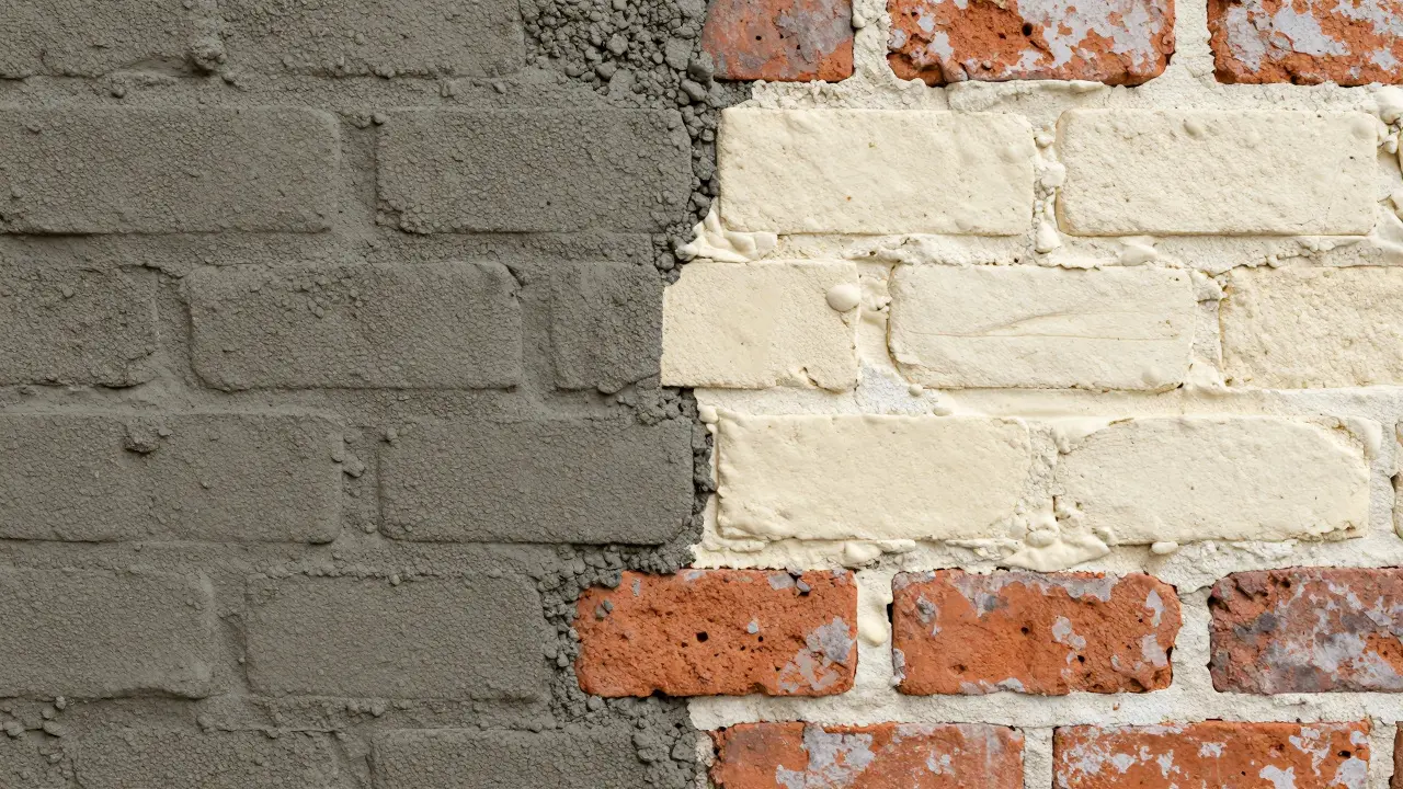 Vergleich zwischen modernem Zementmörtel und traditionellem Kalkmörtel an einer alten Wand