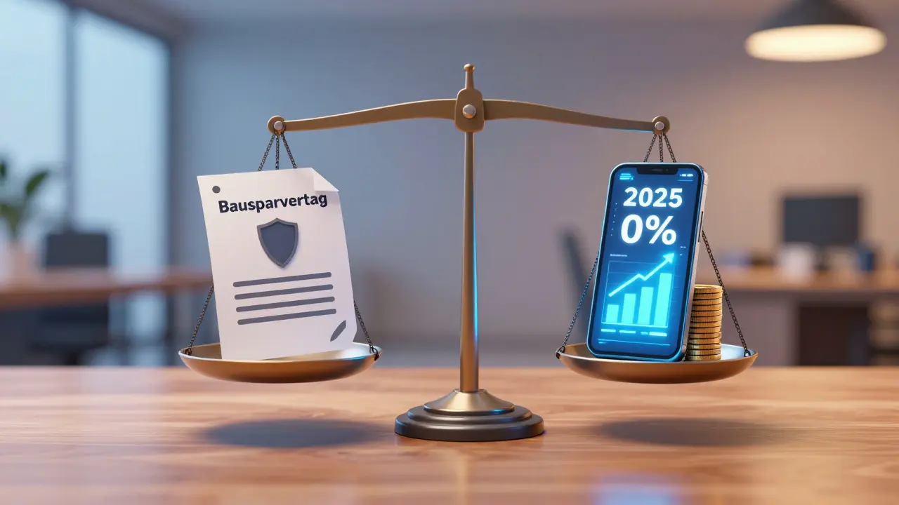 Waage, die die Sicherheit eines Bausparvertrags mit der Rendite eines Tagesgeldkontos vergleicht.