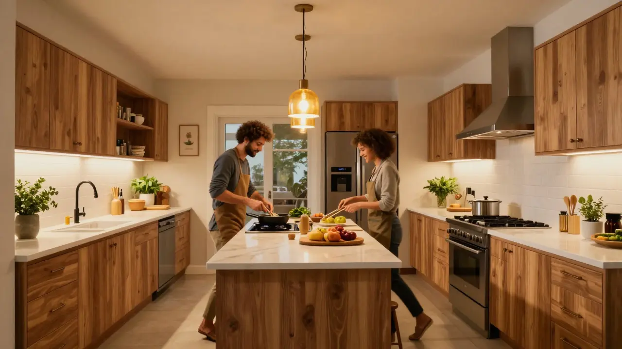 Zwei Personen kochen gemeinsam in einer großzügigen U-Küche mit einer zentralen Kücheninsel.