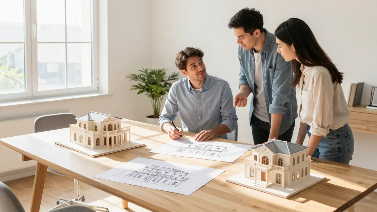 Architekt und Kunde besprechen drei Balkonentwürfe auf dem Tisch