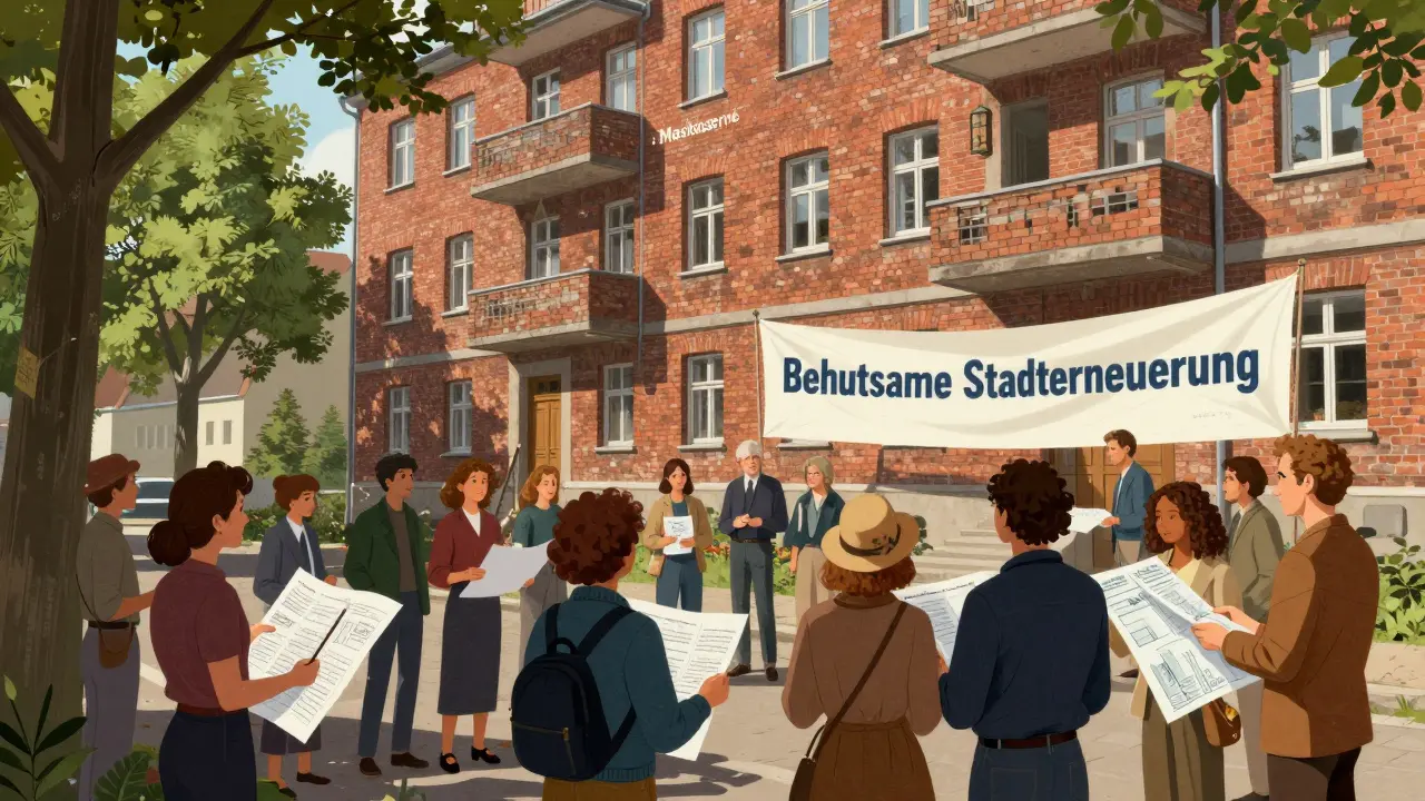 Bürger und Architekten bei einer Versammlung für behutsame Stadterneuerung vor einem renovierten Altbau.