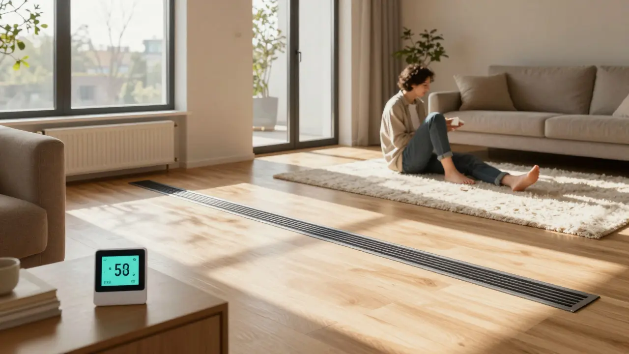 Cozy living room with efficient underfloor heating and sunlight