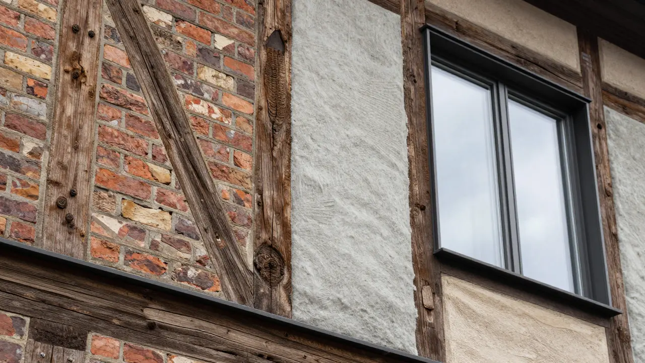 Detailansicht der Fassade eines Altbaus mit nachhaltigen Dämmmaterialien und modernen Fenstern.