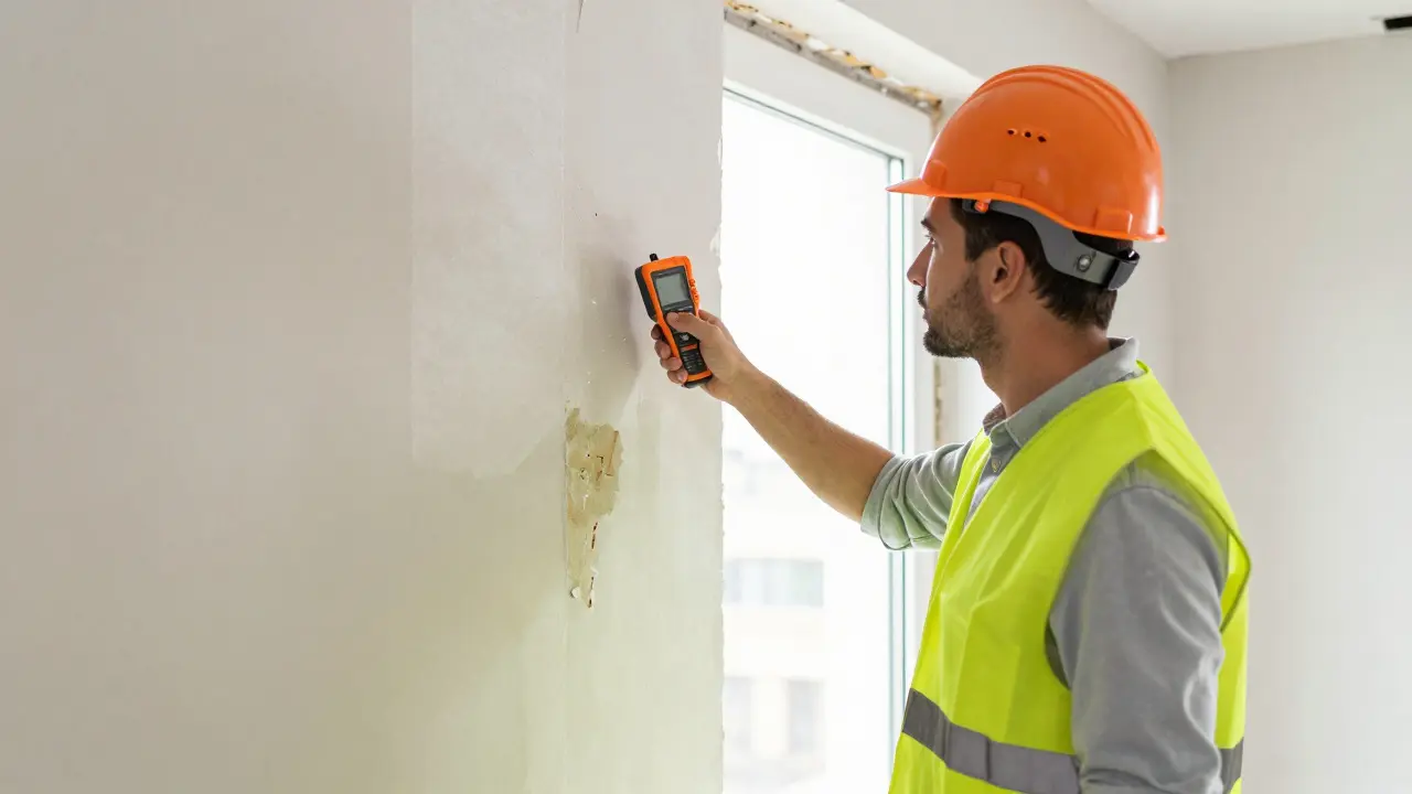 Experte prüft feuchte Wand auf versteckte Schäden während der Renovierung