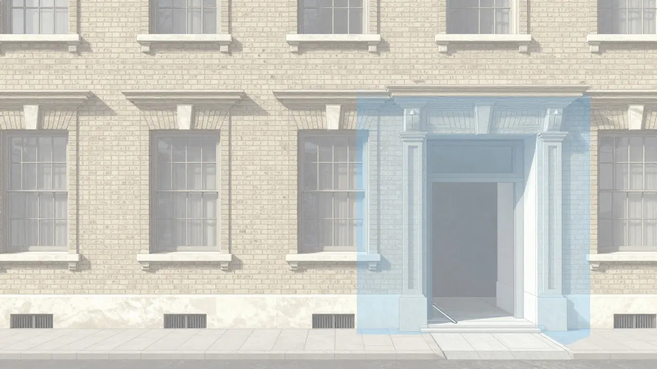 Illustration: Historische Fassade mit überlagerten barrierefreien Umbauten