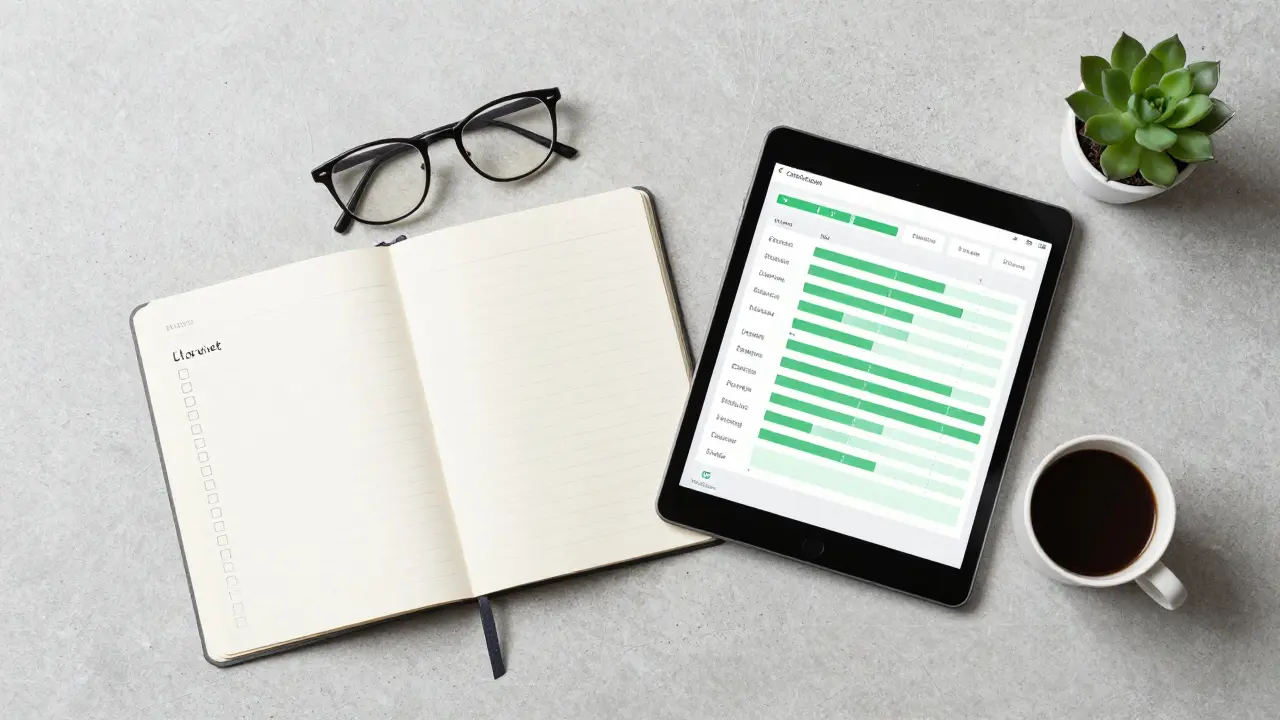 Organisierte Notizbücher und Tablet zeigen digitales Budget-Tracking