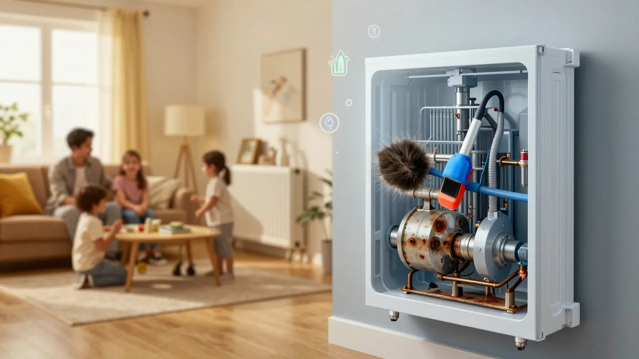 Vergleich von gemütlichem Wohnzimmer und sauberer Heizungstechnik