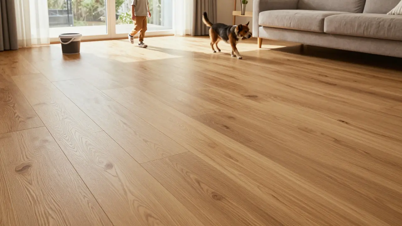 Wohnzimmer mit schwimmend verlegtem Holzboden